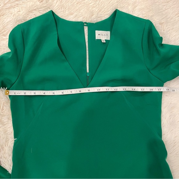 Milly Emerald Green Nicole Dress Size 4 V Neck Mini Sheath Ruffle 3/4 Sleeves - Picture 13 of 13